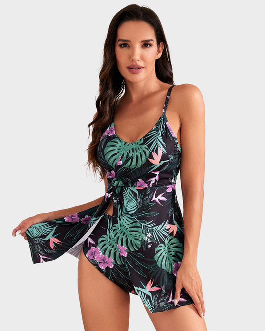 Tummy Control V Neck Twist Knot Tropical Skirted Swimdress