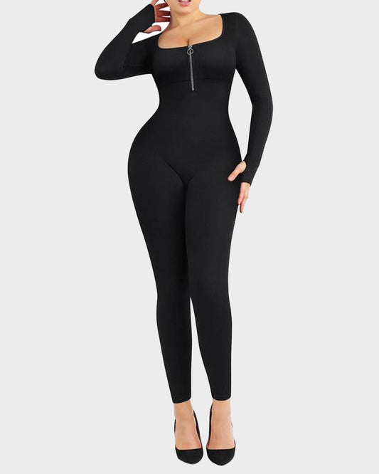 Seamless Ribbed Zip-Front Jumpsuit
