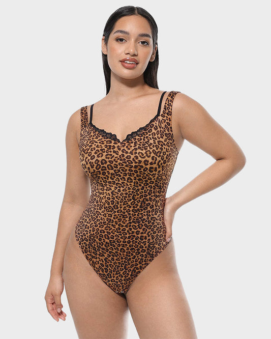 V-Neck Lace Thong Shapewear Bodysuit