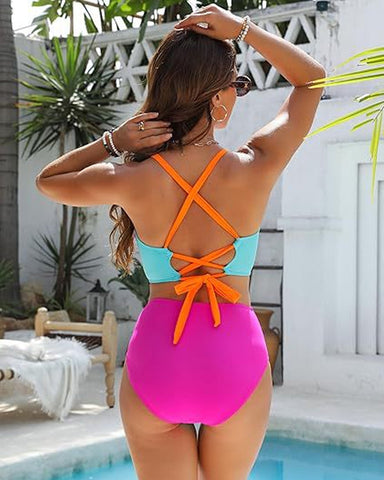 Color-Block Crisscross Laced Back Bikini Set