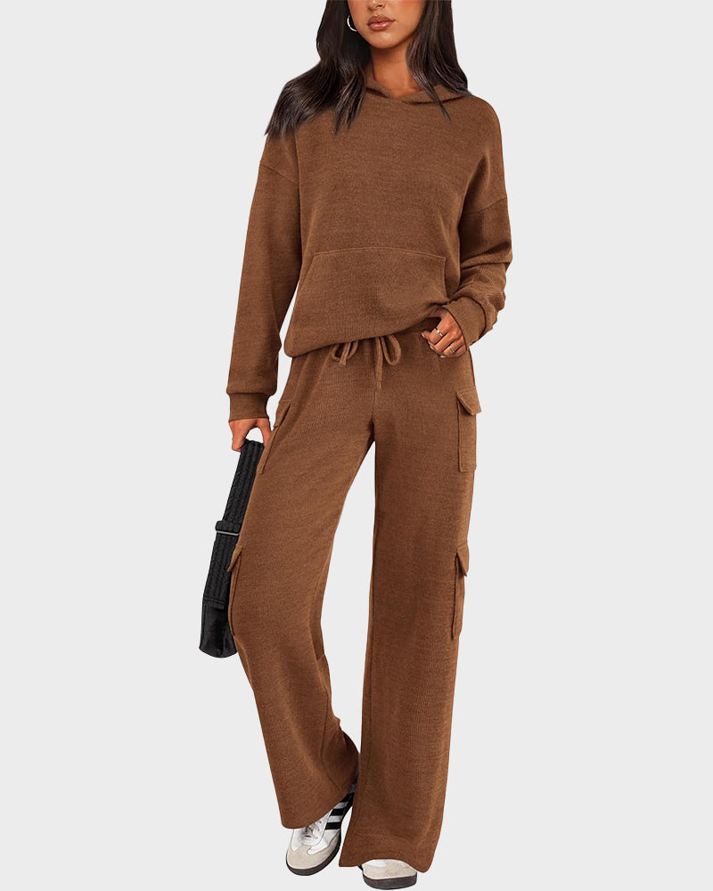 2-Piece Knit Hoodie & Wide Leg Pants Outfit