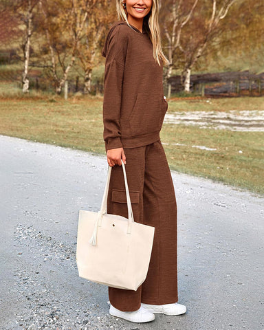 2-Piece Knit Hoodie & Wide Leg Pants Outfit