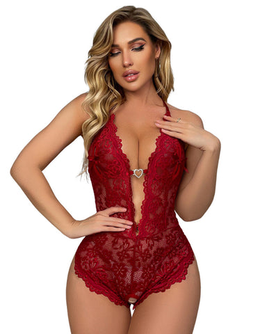 Floral Lace Sheer Crotchless Teddy Bodysuit
