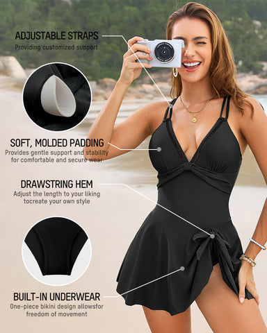 V-Neck Side-Slit One-Piece Swimdress