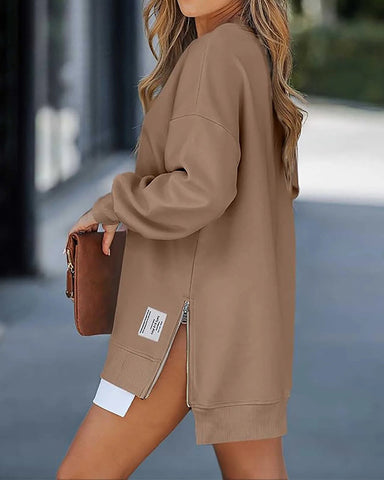 Casual Long Sleeve Zipper Slit Oversized Sweatshirt