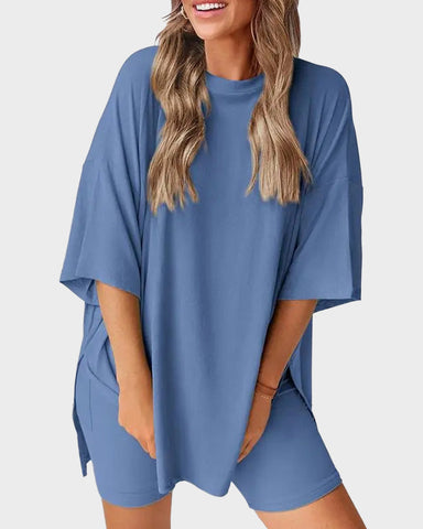 Casual Oversized 2-Piece Lounge Set with Crewneck & Split Hem