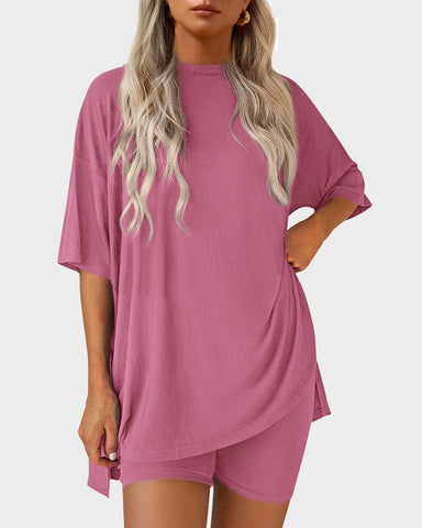 Casual Oversized 2-Piece Lounge Set with Crewneck & Split Hem
