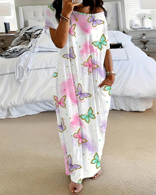 Casual Printed Short Sleeve Pocket Maxi Dress