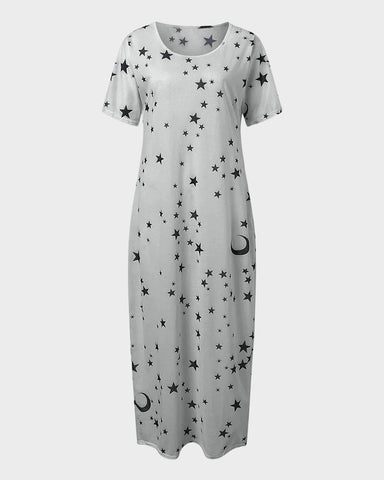 Casual Printed Short Sleeve Pocket Maxi Dress