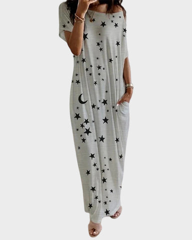 Casual Printed Short Sleeve Pocket Maxi Dress