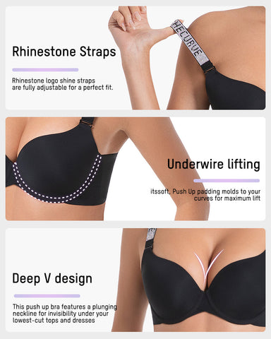 Deep V Push-Up Underwire Bra with Rhinestone Strap