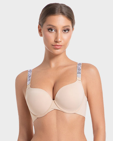 Deep V Push-Up Underwire Bra with Rhinestone Strap