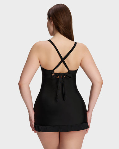 Deep V Cross-Back Ruched One-Piece Swimsuit