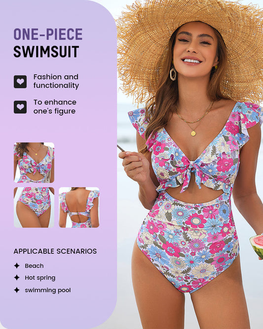 Floral Ruffle V-Neck Cutout One-Piece Swimsuit