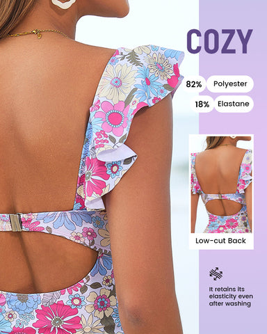 Floral Ruffle V-Neck Cutout One-Piece Swimsuit