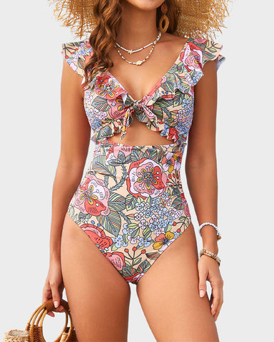 Floral Ruffle V-Neck Cutout One-Piece Swimsuit