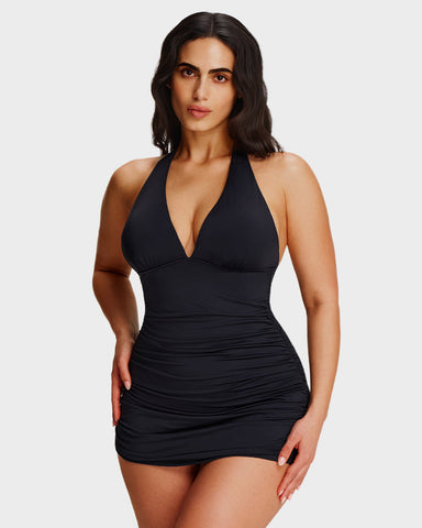 SculptSkin™ BackStage Halter V-Neck Swim Dress