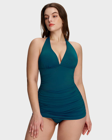 SculptSkin™ BackStage Halter V-Neck Swim Dress
