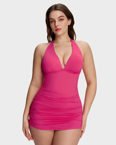 SculptSkin™ BackStage Halter V-Neck Swim Dress