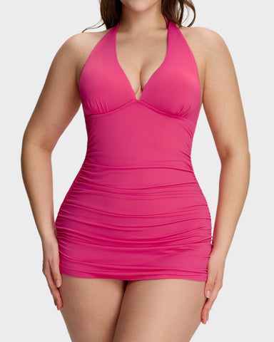 SculptSkin™ BackStage Halter V-Neck Swim Dress