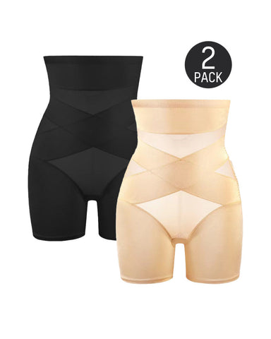 High Waist Cross Compression Mid-Thigh Shaping Shorts（2pcs ）