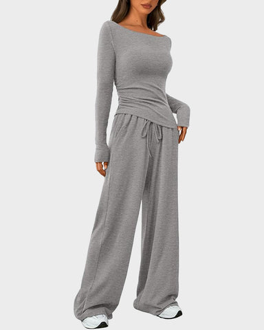 Long Sleeve Tee & Wide Leg Pants 2 Piece Lounge Set