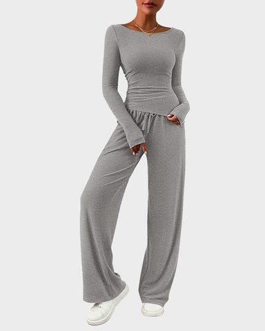 Long Sleeve Tee & Wide Leg Pants 2 Piece Lounge Set