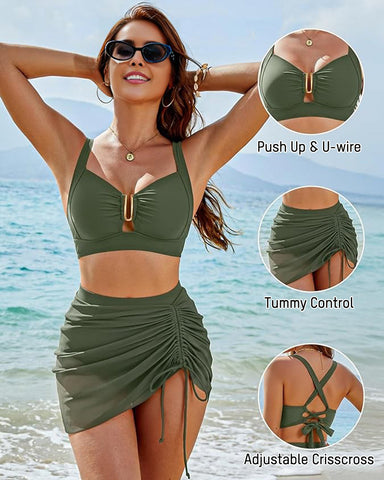 Modest U-Wire Tummy Control Bikini Skirt Set