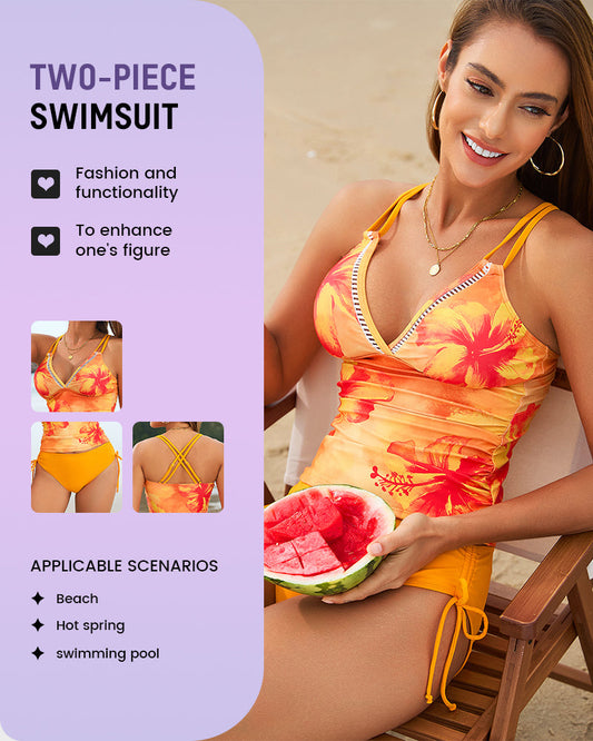 Printed Crisscross Back Tankini Bikini Set