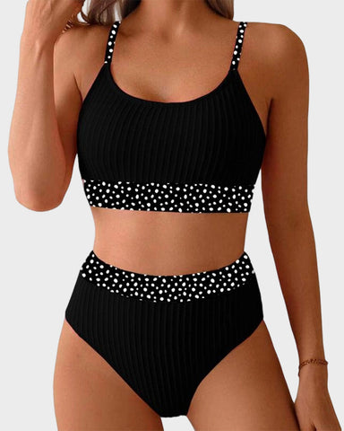 Ribbed High-Waisted Bikini Set with Floral Trim