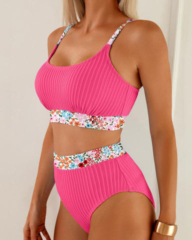 Ribbed High-Waisted Bikini Set with Floral Trim