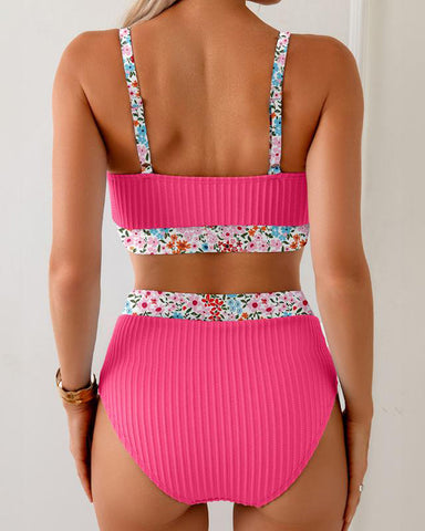 Ribbed High-Waisted Bikini Set with Floral Trim