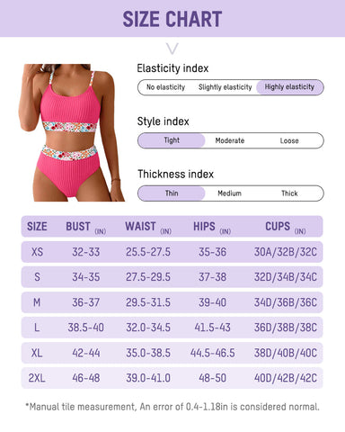 Ribbed High-Waisted Bikini Set with Floral Trim