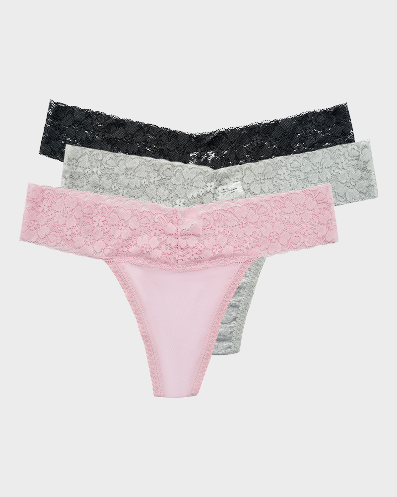 Seamless Low-Rise Lace Thong Panties (3 Pack)