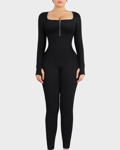 Seamless Ribbed Zip-Front Jumpsuit