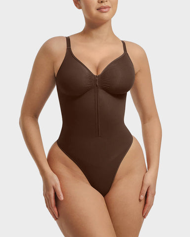 Seamless Zipper Front Shaping Thong Bodysuit