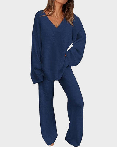 Soft Fuzzy V-Neck Loungewear Set