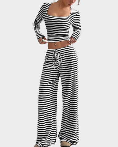 Stripe Crop Top & Wide Leg Two-Piece Lounge Set