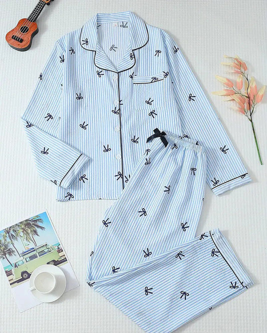 Striped Bow Print Long Sleeve Pajama Set