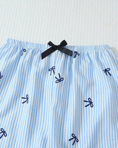 Striped Bow Print Long Sleeve Pajama Set