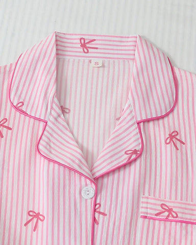 Striped Bow Print Long Sleeve Pajama Set