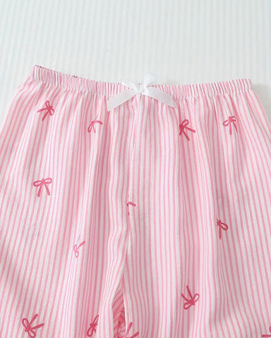 Striped Bow Print Long Sleeve Pajama Set