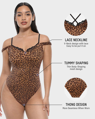 V-Neck Lace Thong Shapewear Bodysuit