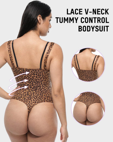 V-Neck Lace Thong Shapewear Bodysuit