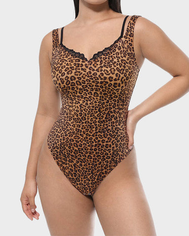 V-Neck Lace Thong Shapewear Bodysuit