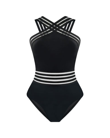 Striped Mesh Insert Cross-Over Halter Neck Swimsuit